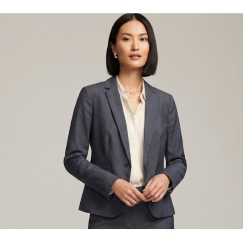Ann Taylor Womens Gray One Button Cotton Blend Blazer Jacket Size 6 Professional